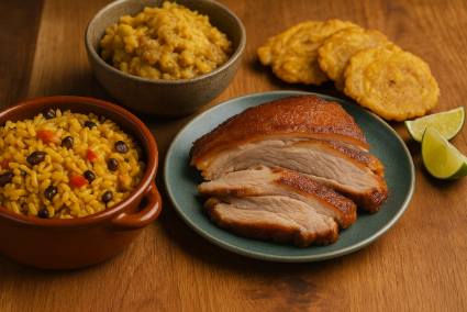 Table set with pork dinner; rice and limes.