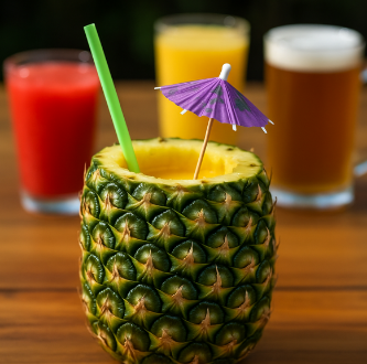 Pineapple drink with purple umbrella, on a table with other drinks.