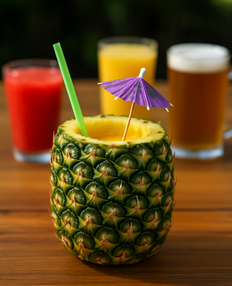 Pineapple drink with purple umbrella, on a table with other drinks.