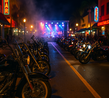 Motorcycles line up outside a bar in Cape Coral for Cape Coral Bike Night.