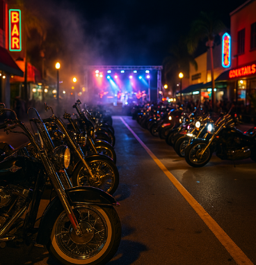 Motorcycles line up outside a bar in Cape Coral for Cape Coral Bike Night.