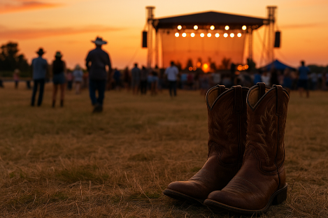 Cowboy boots in a field with a stage in the background.