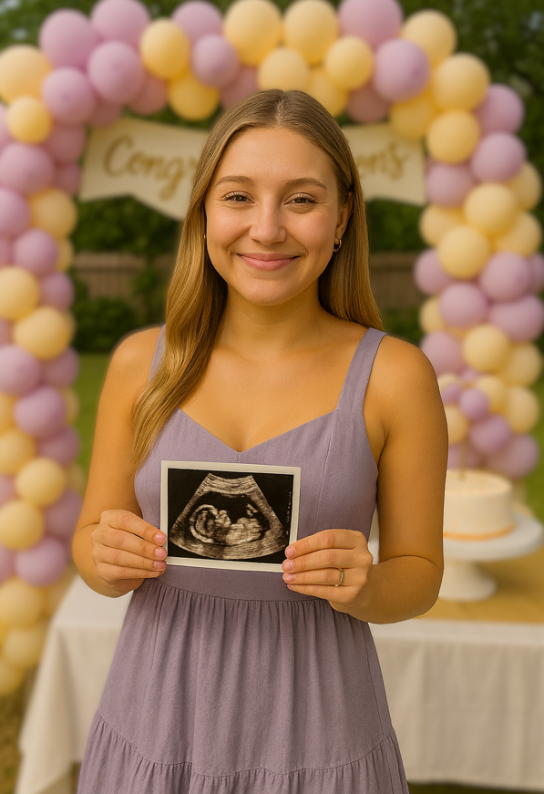 Ellie announces her pregnancy, holding an ultrasound photo.